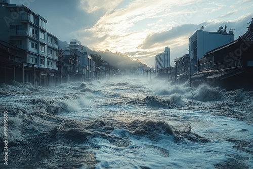 higher sea level causes flood in the town next to the water and coastline, the result of global warming that causes the weather to be abnormal severe