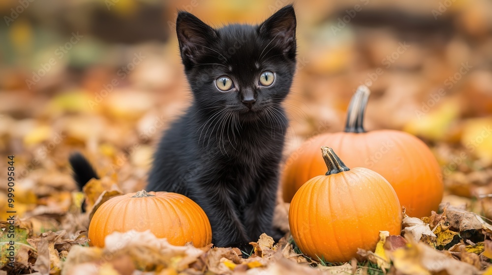 Black kitten with Halloween pumpkins in an autumn woodland Black kitten with Halloween pumpkins in an autumn woodland