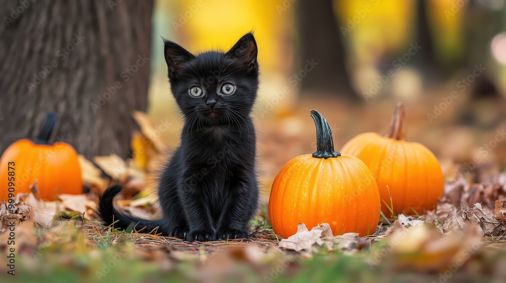 Black kitten with Halloween pumpkins in an autumn woodland Black kitten with Halloween pumpkins in an autumn woodland