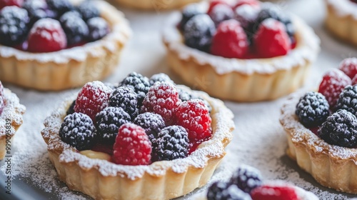 French fruit tarts with colorful berries on a pastry tray, topped with powdered sugar generative ai