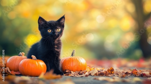 Black kitten with Halloween pumpkins in an autumn woodland photo