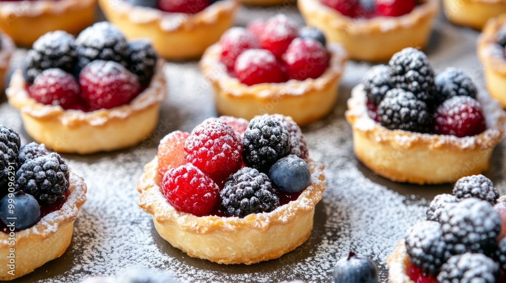 French fruit tarts with colorful berries on a pastry tray, topped with powdered sugar generative ai French fruit tarts with colorful berries on a pastry tray, topped with powdered sugar generative ai