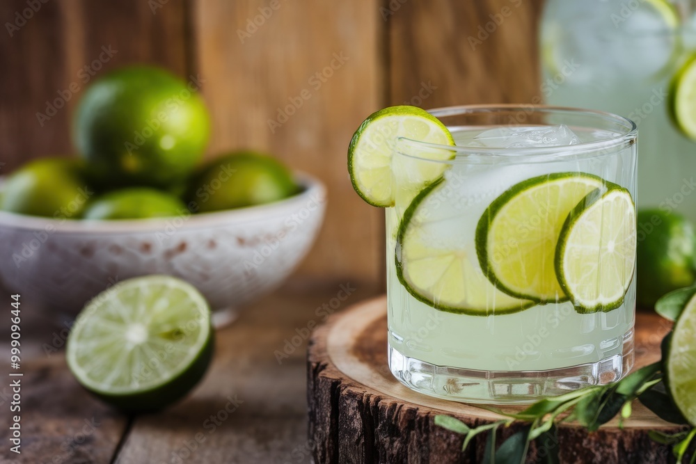 Fototapeta premium Refreshing lime drink served in a glass with ice and garnished with lime slices.