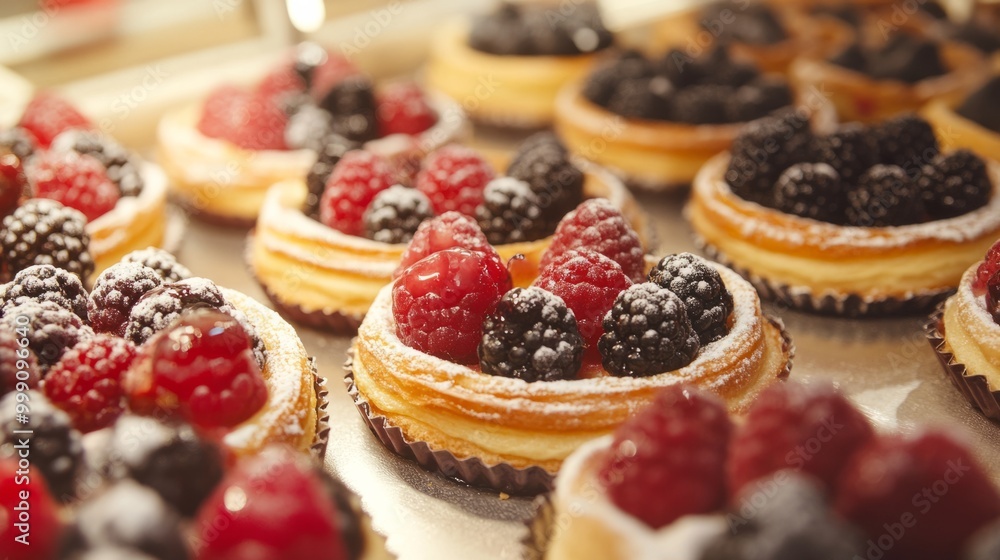 French pastry display with berry tarts and eclairs, perfectly arranged in a bakery setting. generative ai French pastry display with berry tarts and eclairs, perfectly arranged in a bakery setting. generative ai