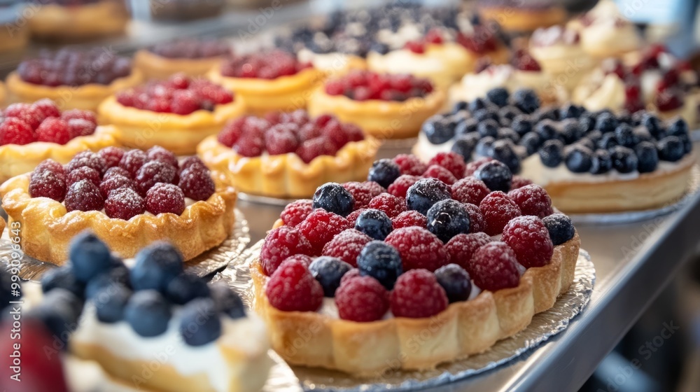 French pastry display with berry tarts and eclairs, perfectly arranged in a bakery setting. generative ai French pastry display with berry tarts and eclairs, perfectly arranged in a bakery setting. generative ai