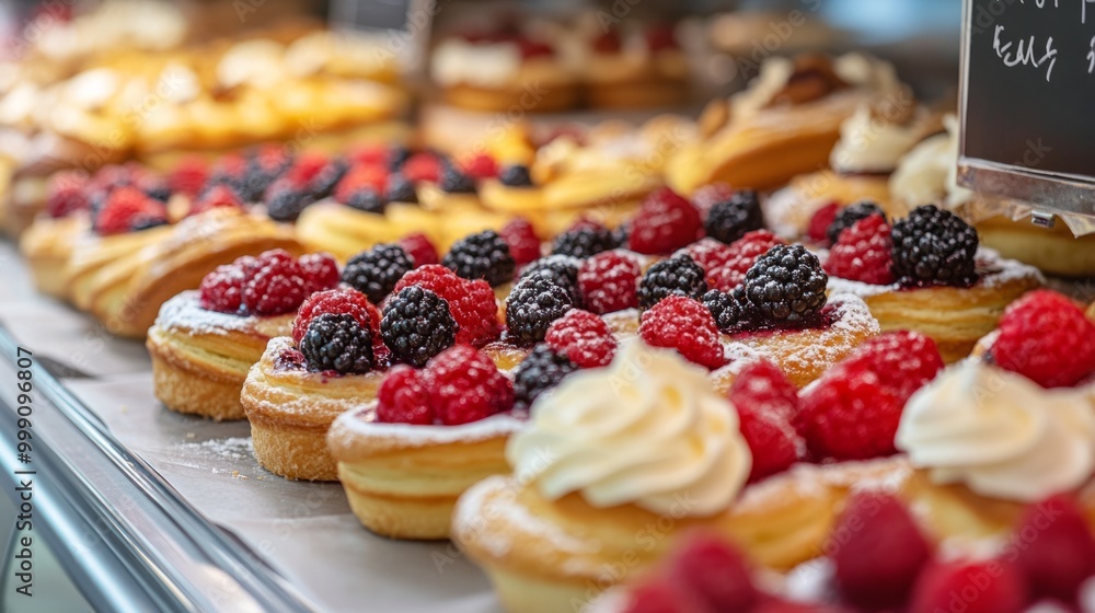 French pastry display with berry tarts and eclairs, perfectly arranged in a bakery setting. generative ai French pastry display with berry tarts and eclairs, perfectly arranged in a bakery setting. generative ai