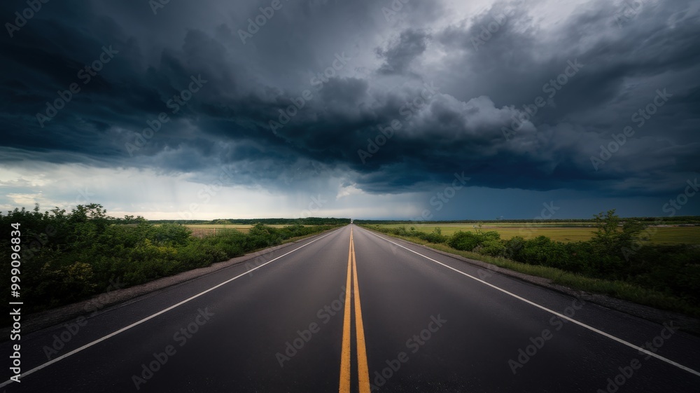 Fototapeta premium Dramatic storm clouds loom over a long, deserted rural highway, creating a sense of both awe and foreboding.