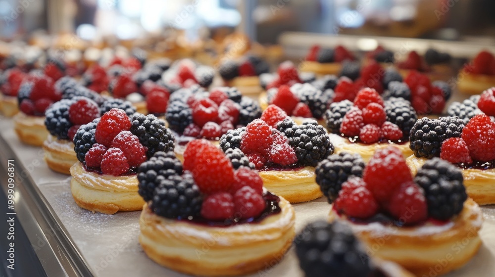 French pastry display with berry tarts and eclairs, perfectly arranged in a bakery setting. generative ai French pastry display with berry tarts and eclairs, perfectly arranged in a bakery setting. generative ai