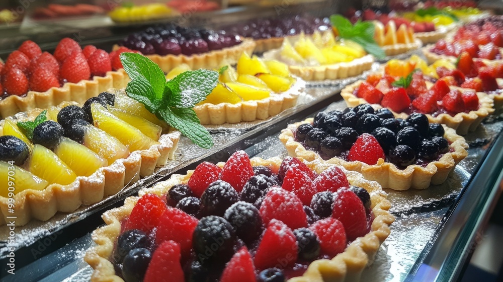 French patisserie display with an assortment of fruit tarts, topped with fresh mint leaves generative ai French patisserie display with an assortment of fruit tarts, topped with fresh mint leaves generative ai