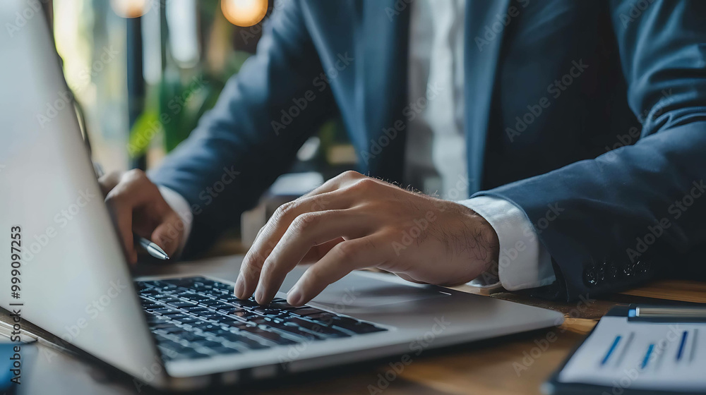 Close up of a businessman's hand typing on a laptop computer. Close up of a businessman's hand typing on a laptop computer.