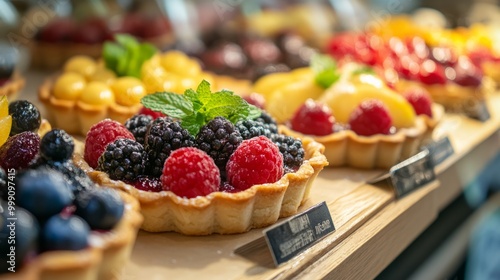 French patisserie display with an assortment of fruit tarts, topped with fresh mint leaves generative ai