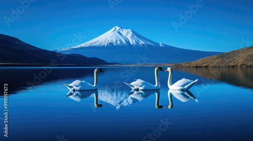 Fototapeta Naklejka Na Ścianę i Meble -  snow alps in Europe next to the lake with swans