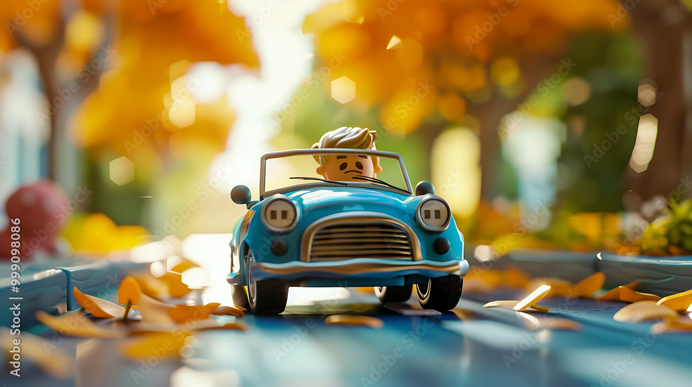 A 3D rendering of a cartoon man driving a blue car down a street with yellow leaves. A 3D rendering of a cartoon man driving a blue car down a street with yellow leaves.