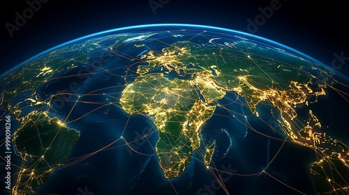 A globe with glowing city lights and connected lines, emphasizing global connections.