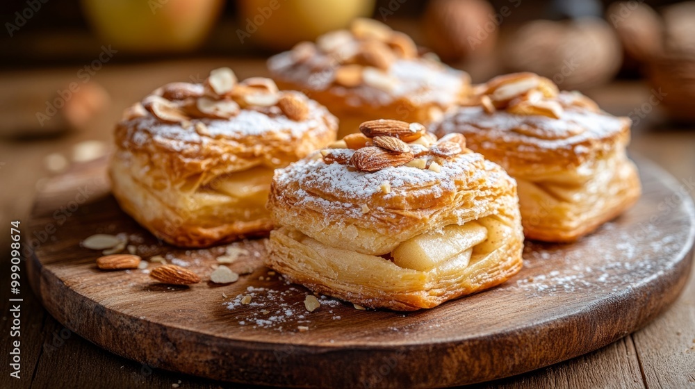 Golden apple almond pastries served on a wooden platter, with a light dusting of sugar and almonds on top generative ai Golden apple almond pastries served on a wooden platter, with a light dusting of sugar and almonds on top generative ai