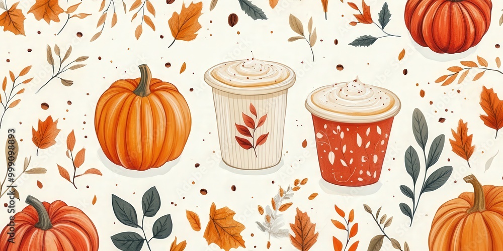 Hand-drawn Cozy Autumn Pattern with Pumpkins and Coffee Cups Hand-drawn Cozy Autumn Pattern with Pumpkins and Coffee Cups