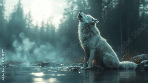 White Wolf Howling by the River in a Misty Forest photo