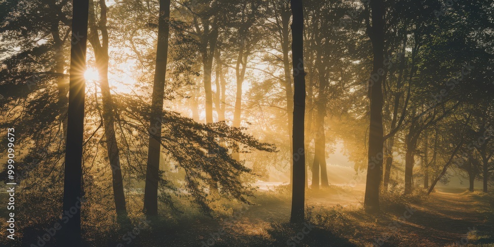 Obraz premium Sunlight beams through a serene forest, illuminating the path with a golden glow.