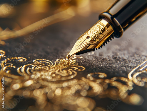 A close up of gold plated fountain pen elegantly writing on decorative surface, showcasing intricate details and luxurious feel. photo