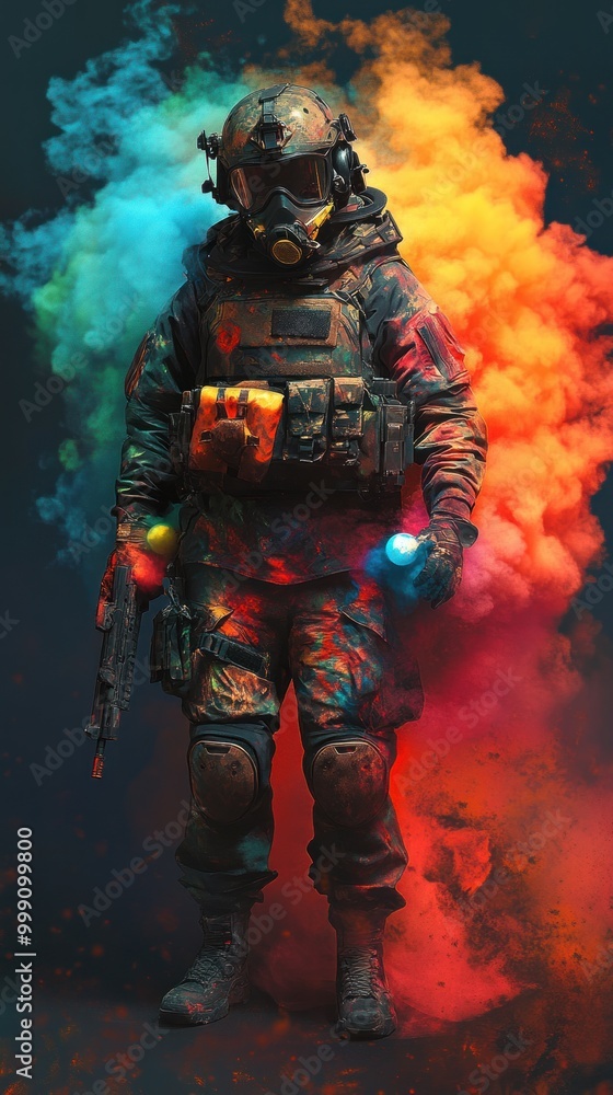 A soldier in full tactical gear and a gas mask stands in a cloud of pink smoke, looking to the side. A soldier in full tactical gear and a gas mask stands in a cloud of pink smoke, looking to the side.