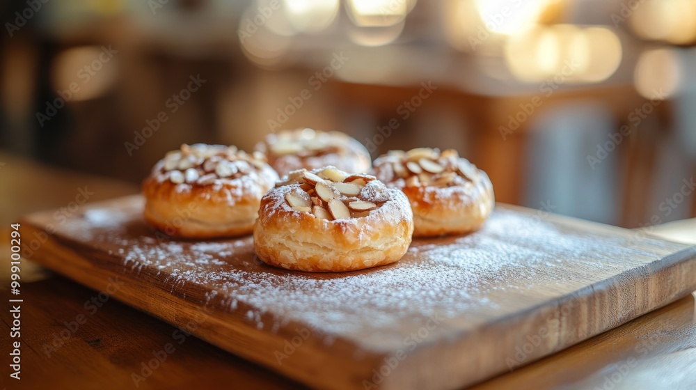 Golden apple almond pastries with a crispy glaze, arranged on a rustic wooden board generative ai Golden apple almond pastries with a crispy glaze, arranged on a rustic wooden board generative ai