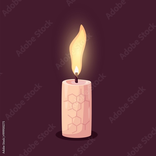 Burning paraffin candle illustration in cartoon style. Small cylinder candlestick with flame for home decor, holiday, birthday, Christmas designs. Vector isolated on a dark background