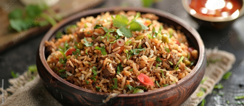 Kheema Pulao Rice Cooked With Mutton Or Chicken Mince With Vegetables And Spices Served In A Bowl Selective Focus Kheema Pulao Rice Cooked With Mutton Or Chicken Mince With Vegetables And Spices Served In A Bowl Selective Focus