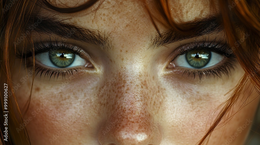Close Up Portrait of Woman with Green Eyes and Freckles Close Up Portrait of Woman with Green Eyes and Freckles