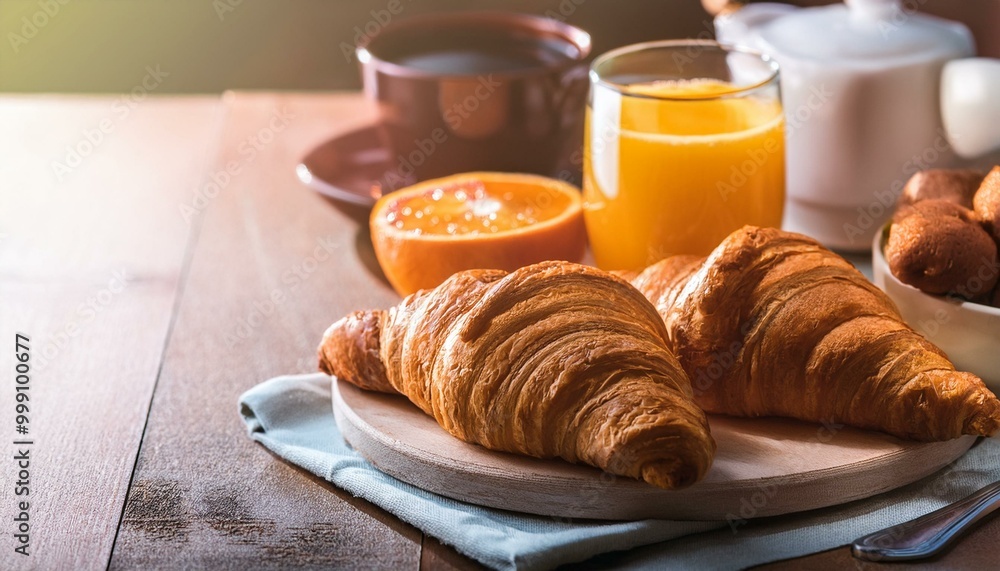 Continental breakfast with fresh croissants, orange juice and coffee, selective focused Continental breakfast with fresh croissants, orange juice and coffee, selective focused