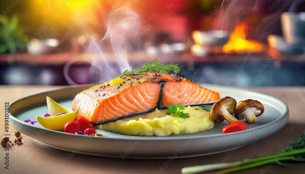 Perfectly grilled salmon with a smoky finish, served alongside creamy mashed potatoes, vibrant vegetables, and earthy mushrooms, set against a vibrant restaurant kitchen backdrop. Perfectly grilled salmon with a smoky finish, served alongside creamy mashed potatoes, vibrant vegetables, and earthy mushrooms, set against a vibrant restaurant kitchen backdrop.