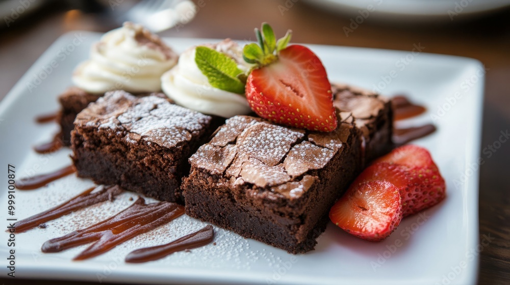 Gourmet brownies with a side of strawberries and cream, elegant dessert presentation generative ai Gourmet brownies with a side of strawberries and cream, elegant dessert presentation generative ai
