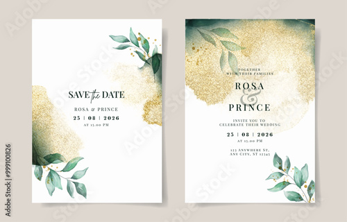 Elegant gold with emerald green watercolor wedding invitation card template. Gold background. Leaves watercolor decoration