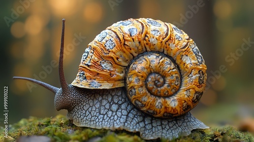 Close Up of a Snail with a Beautiful Shell photo