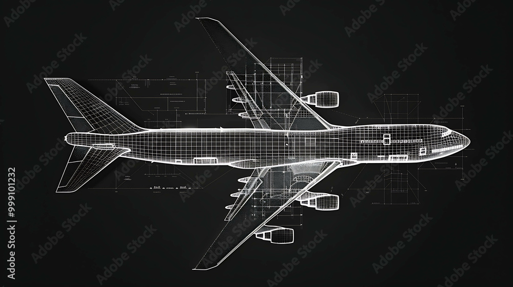 Wireframe of a commercial airplane against a black background. Wireframe of a commercial airplane against a black background.