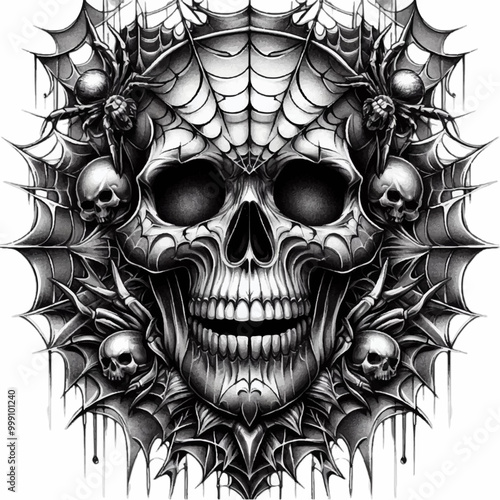 skull with cobweb and spiders halloween illustration tattoo