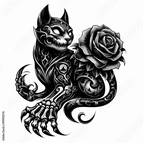 tribal cat with long claws and a rose halloween illustration tattoo