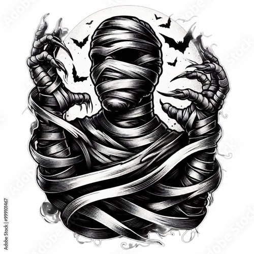 mummy with full moon and bats halloween illustration tattoo