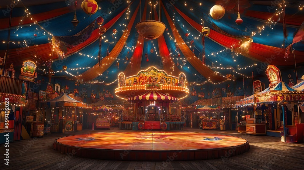 Naklejka premium A brightly lit circus tent glimmers at night showcasing its colorful lights