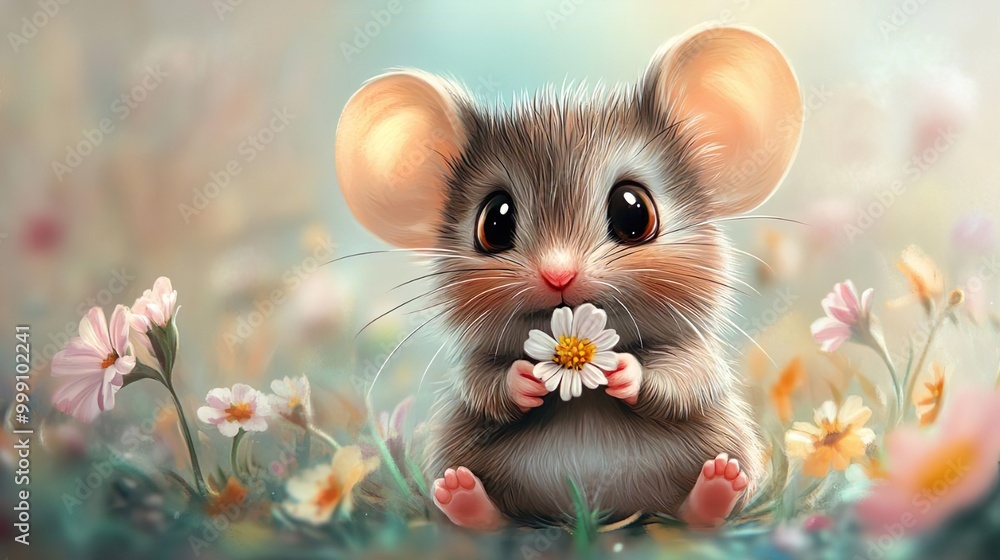 A cute cartoon mouse with shiny eyes nestled among vibrant flowers in a playful pose A cute cartoon mouse with shiny eyes nestled among vibrant flowers in a playful pose