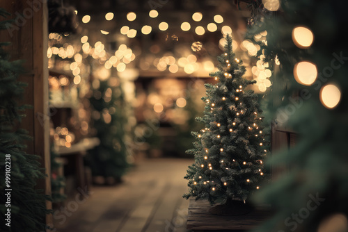 Festive Christmas market with Christmas trees, ornaments and decorations photo