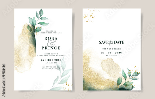 Elegant gold with emerald green watercolor wedding invitation card template. Gold background. Leaves watercolor decoration