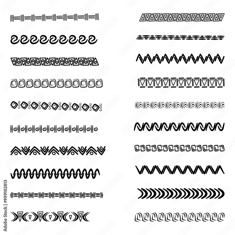 Set of African tribal motif borders in doodle hand drawn style. scandinavian boho srtoke, traditional decoration. Set of African tribal motif borders in doodle hand drawn style. scandinavian boho srtoke, traditional decoration.