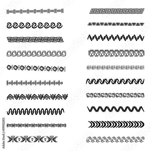 Set of African tribal motif borders in doodle hand drawn style. scandinavian boho srtoke, traditional decoration.