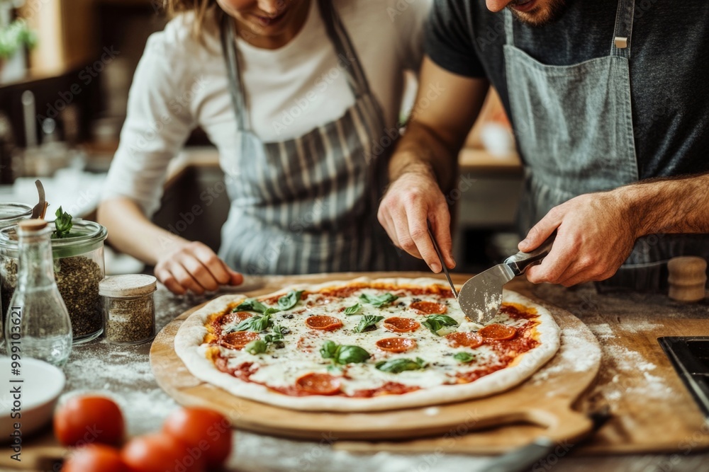 Couple making homemade pepperoni pizza with fresh ingredients in cozy kitchen Couple making homemade pepperoni pizza with fresh ingredients in cozy kitchen