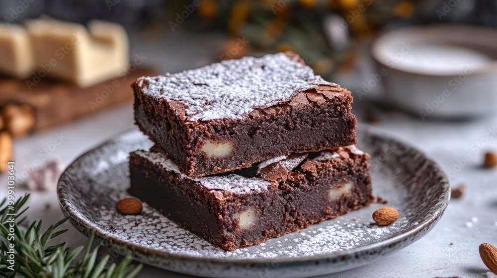 Plate of warm brownies with powdered sugar on top, classic American dessert background generative ai Plate of warm brownies with powdered sugar on top, classic American dessert background generative ai