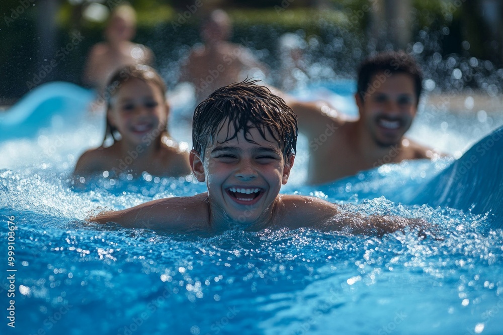 Joyful family swimming in a vibrant outdoor pool on a sunny day Joyful family swimming in a vibrant outdoor pool on a sunny day