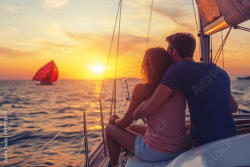 Romantic couple watching sunset on yacht with sailing boat in the distance