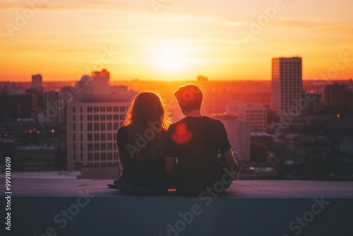 Couple watching romantic sunset over city skyline from rooftop photo