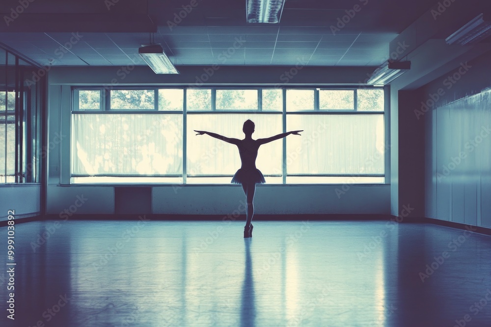 Graceful ballet dancer silhouette in spacious studio with natural light Graceful ballet dancer silhouette in spacious studio with natural light