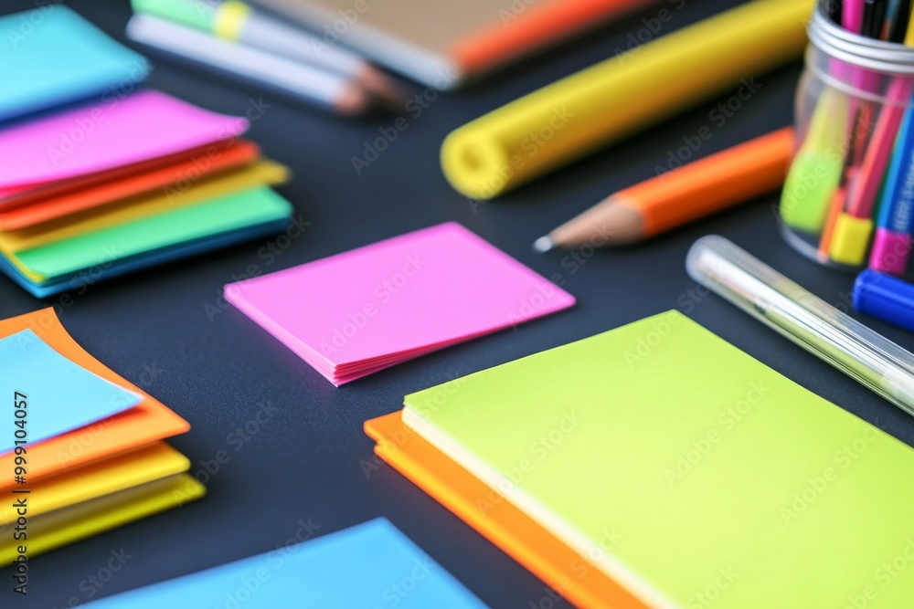 Vibrant office supplies arrangement on modern desk for creative projects Vibrant office supplies arrangement on modern desk for creative projects